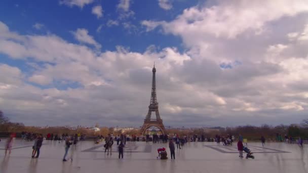 Berömda Torget Trocadero Med Eiffeltornet Bakgrunden Tiden Förfaller Trocadero Och — Stockvideo