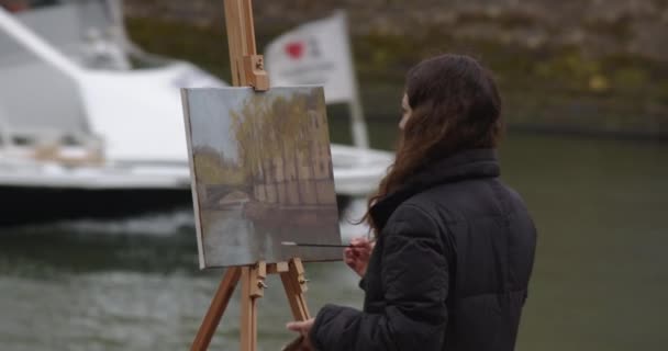 Γυναίκα Ζωγραφίζει Μια Εικόνα Κοντά Στον Ποταμό Σηκουάνα Δημιουργική Γυναίκα — Αρχείο Βίντεο