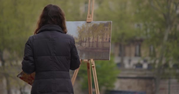 Mujer Pintando Cuadro Cerca Del Río Sena Artista Creativa Pinta — Vídeos de Stock