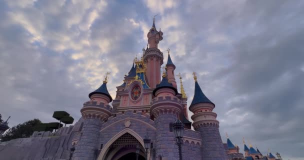 Castelo Conto Fadas Rosa Disneylândia Disneyland Parque Diversões Complexo Paris — Vídeo de Stock