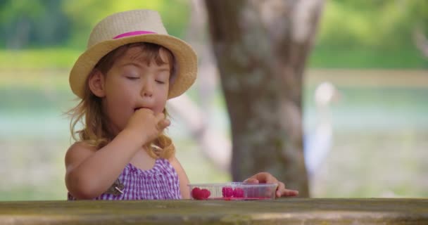 帽子の子供は公園のテーブルでラズベリーを食べる 自然と誠実な子供の感情 夏の公園で少女の肖像画 人生を楽しむ子供のクローズアップ — ストック動画