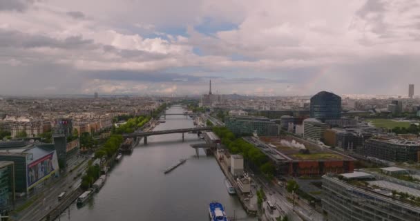 Coucher Soleil Lointain Drone Seine Bridge Traffic Cars Paris City — Video
