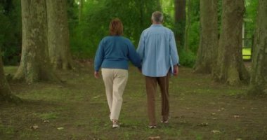 Yaşlı bir çift orman parkında yürüyüşe çıkmış, kır saçlı bir adam ve kadın şehir parkında yürüyor, romantik bir an, iyi bir ruh hali.. 