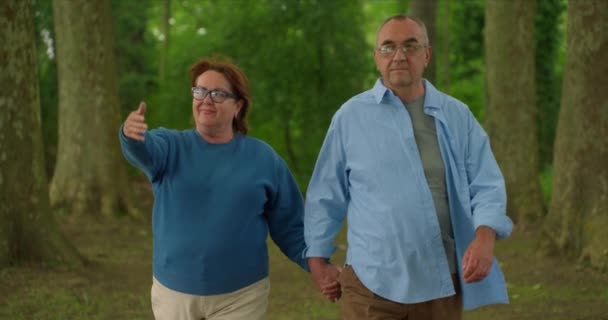 Couple Âgé Promenade Dans Parc Forestier Homme Femme Aux Cheveux — Video