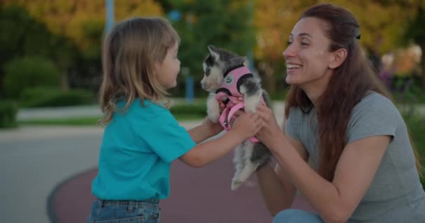 Ibu Memberikan Anak Anjing Keluar Rumah Gadis Kecil Yang Kuat — Stok Video