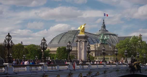 Grand Palais French Flag Alexander Bridge Paris Golden Statues Blue — Stock Video