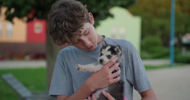 Een Tiener Houdt Een Kleine Puppy Zijn Armen Genietend Van — Stockvideo