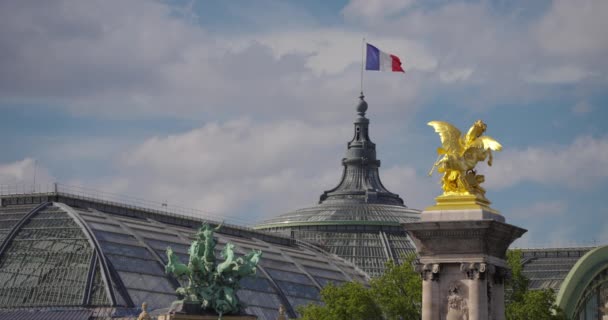 Grand Palais Con Bandera Francesa Puente Alejandro París Con Estatuas — Vídeos de Stock