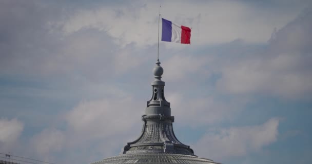 法国国旗 在风中飘扬 法国国旗在蓝天上飘扬 高高的旗杆 法国的国家象征 高质量的4K镜头 — 图库视频影像