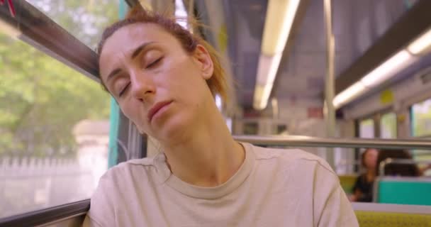 Portrait Tired Woman Riding Subway Big City Falling Asleep Way — Stock Video