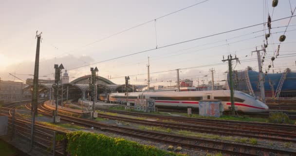 Treinverkeer Het Centraal Station Keulen Opzetten Van Shot Stedelijk Uitzicht — Stockvideo