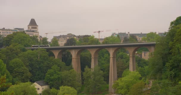 Luxembourg Train Passing High Railway Bridge Passing Alzette River — Stock Video