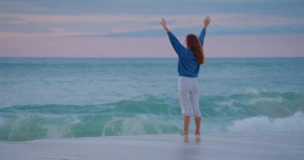 若いケアフリーの女性観光客は 休日の休暇旅行中に景観的な海岸に開かれた広い腕で自由に息をしています — ストック動画