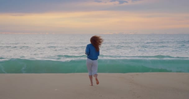Kobieta Rządzi Nad Oceanem Zachodzie Słońca Dziewczyna Relaks Przyrodzie Korzystających — Wideo stockowe