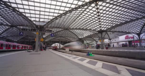 Köln Tyskland Timelapse Människor Och Tåg Promenader Plattform Koeln Hauptbahnhof — Stockvideo