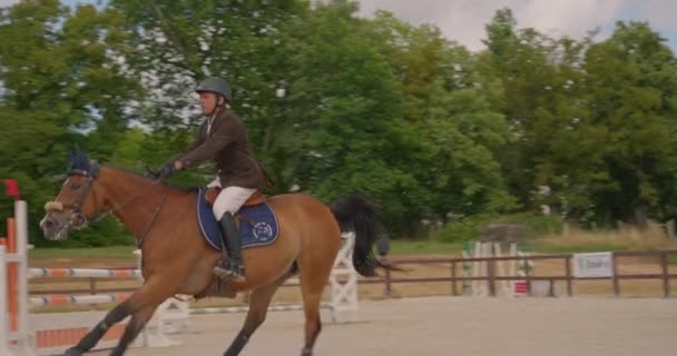2023年7月30日 フランス ソーヴァー ピエイ 馬と馬の競技 馬に乗ってジャンプ サンディパルクールライディングアリーナ アウトドアでの馬の飛躍フェンス — ストック動画