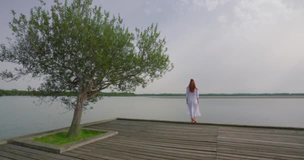 Una Ragazza Corre Vestita Bianco Lungo Molo Fino Lago Albero — Video Stock