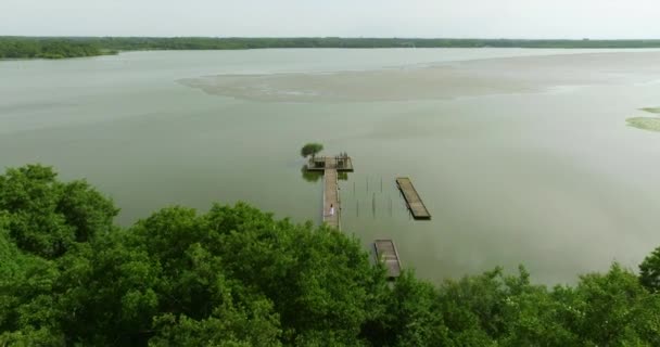Aerial View Young Woman White Dress Walking Wooden Pier Lake — Stock Video