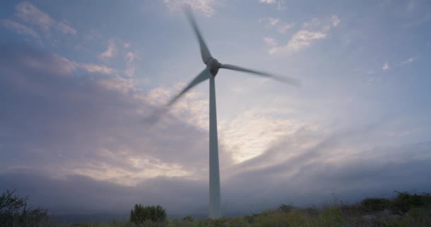Wind Turbine Turning Sunset Sky Generating Green Energy Timelapse — Stock Video