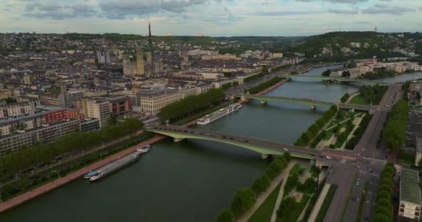 Opname Van Het Stadspanorama Van Rouen Bij Zonsondergang Luchtfoto Van — Stockvideo