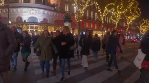 2023年12月8日 法国巴黎 巴黎街头装饰着圣诞灯饰 成群结队的购物人群 巴黎的圣诞喧嚣 — 图库视频影像