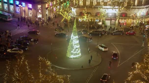 Parisian Street Decorated Christmas Glowing Decorations Lights Crowds People Shopping — Stock Video