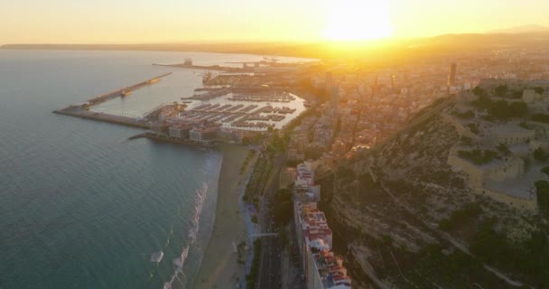 Gründungsschuss Alicante Sonnenuntergang Über Dem Stadtzentrum Von Alicante Spanien Luftaufnahme — Stockvideo