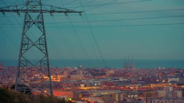 Establecimiento Plano Barcelona Skyline Oeste Este Barcelona Ciudad Calles Iluminadas — Vídeos de Stock