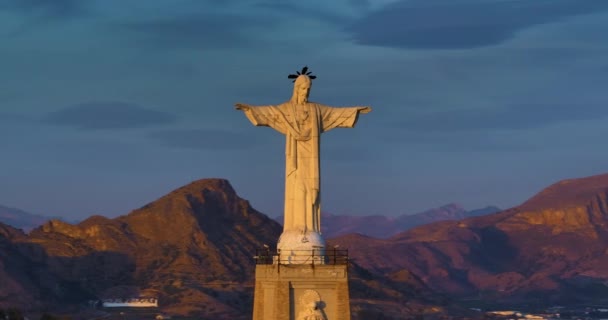 Vista Aérea Viajando Uma Estátua Jesus Cristo Cristo Monteagudo Murcia — Vídeo de Stock