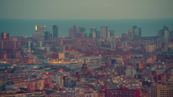 Flygfoto Över Barcelonas Stadssiluett Vid Solnedgången Katalonien Spanien — Stockvideo
