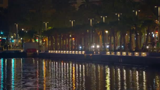 Die Hellen Lichter Der Nächtlichen Stadt Spiegeln Sich Wasser Wider — Stockvideo