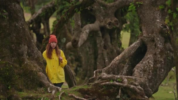 Traveler Yellow Jacket Hat Backpack Walks Paradise Island Active Young — Stock Video
