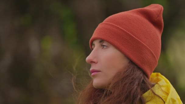 Slow Motion Camera Follows Woman Hiker Yellow Raincoat Backpack Attractive — Vídeo de Stock