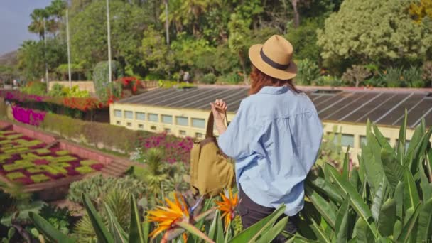 Reiziger Bezoekt Een Markante Tuin Met Diverse Vegetatie Van Het — Stockvideo