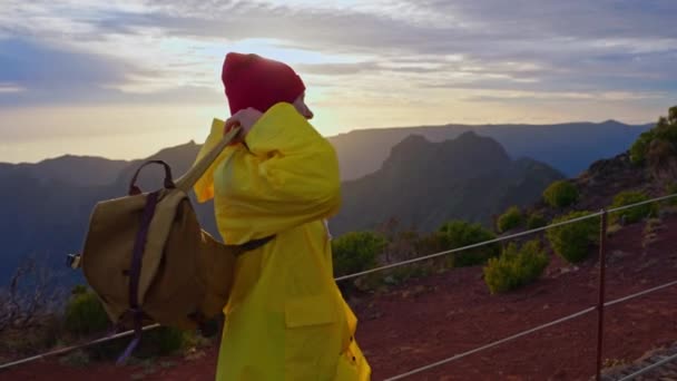 카메라는 배낭과 노란색 비옷을 여자의 하이커를 따릅니다 하이킹 매력적인 마데이라 — 비디오