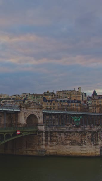 Διάσημο Ορόσημο Στο Παρίσι Σιδηρά Γέφυρα Πάνω Από Τον Ποταμό — Αρχείο Βίντεο