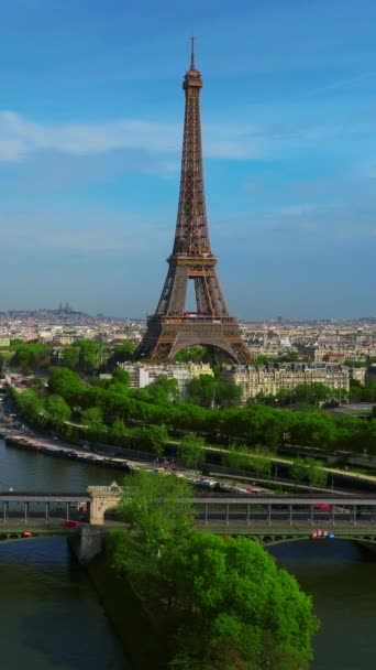 Vertical Video Aerial View Tour Eiffel Tower Seine River Bridge — Stock Video