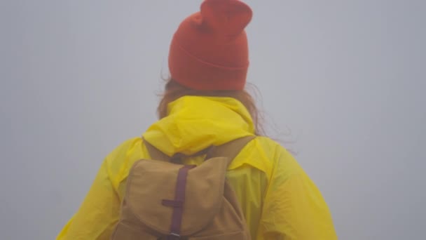 Mulher Caminhando Viajar Natureza Nevoeiro Paz Calma Relaxe Liberdade Caminhadas — Vídeo de Stock