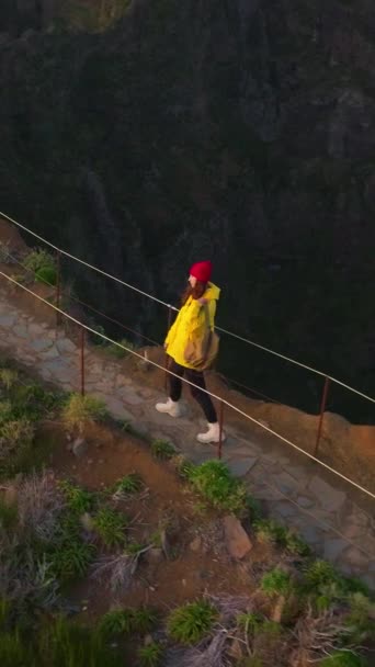 Camera Follows Woman Hiker Backpack Traveler Hiker Enjoys Nature Life — Stock Video