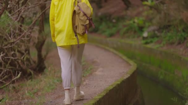 Девушка Желтой Куртке Путешествует Рюкзаком Посещает Необычные Места Тропы Острове — стоковое видео