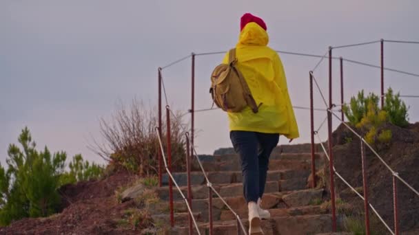 Kobieta Żółtej Kurtce Plecaku Spaceruje Epickim Krajobrazem Patrząc Góry Zachodzie — Wideo stockowe
