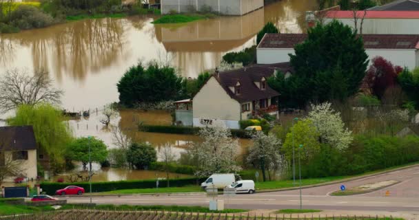 Vista Aérea Das Inundações França Rio Yonne Inundação Desastre Natural — Vídeo de Stock