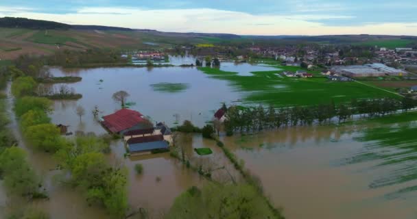 Natural Disaster Burgundy France Water Flooded City Yonne Department Aerial — Stock Video