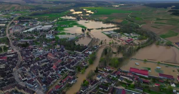 Flygfoto Över Översvämningarna Frankrike Yonne Flod Översvämning Naturkatastrof Vatten Översvämmade — Stockvideo