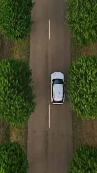 Verticale Video Luchtfoto Van Elektrische Auto Rijden Het Platteland Zomeravond — Stockvideo