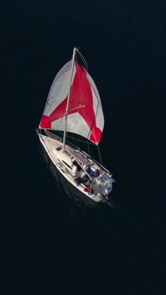 海の深い青い海で巡航するヨットの航海の航空無人機のビデオ オープン海に帆のヨットが付いている太陽の海岸 オーシャンベイで帆船で航海する 夏の晴れた日のラグジュアリーヨットライフスタイル — ストック動画