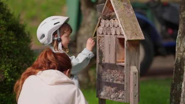 Moeder Dochtertje Zitten Naast Insectenhotel Kithcen Tuin Kijken Naar Insecten — Stockvideo