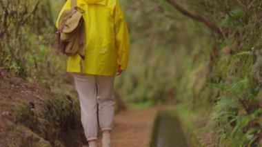 Kamera kadın yürüyüşçüyü sırt çantasıyla takip ediyor. Gezgin yürüyüşçü, doğa ve hayatın tadını çıkarıyor. Dağlarda seyahat, yolculukta macera. Yaşam tarzı konsepti. Madeira 'da dağ yolunda yürüyen bir kadın..