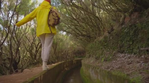 Дівчина Жовтій Куртці Подорожує Рюкзаком Відвідує Надзвичайні Місця Стежки Острові — стокове відео
