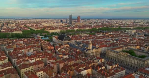 Lyon Historical City Center Streets Aerial Drone Video Footage Warm — Stock Video